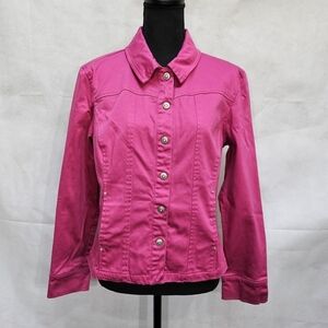 A.M.I. Fuschia Snap Up Jean Jacket Rhinestone Accents 98% Cotton 2% Spandex Sz L